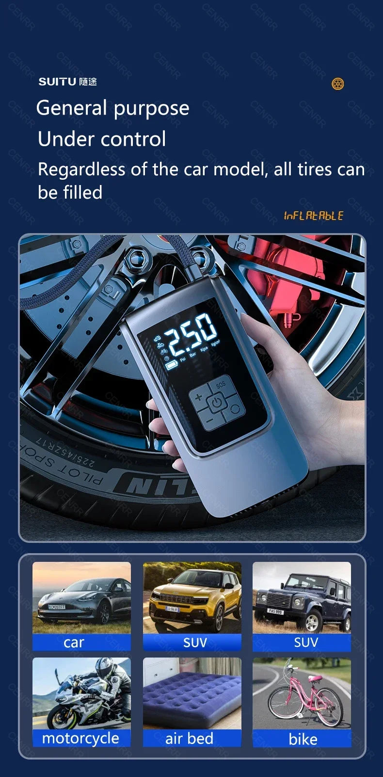 Car Portable Air Pump Electric Tire Inflator Wireless Air Compressor with LCD Digital Display for Car Bicycle Motorcycle Ball