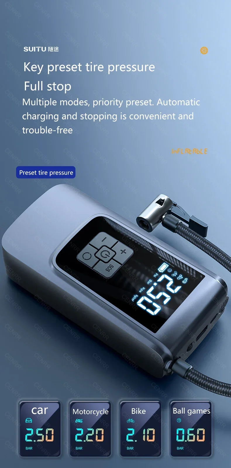 Car Portable Air Pump Electric Tire Inflator Wireless Air Compressor with LCD Digital Display for Car Bicycle Motorcycle Ball