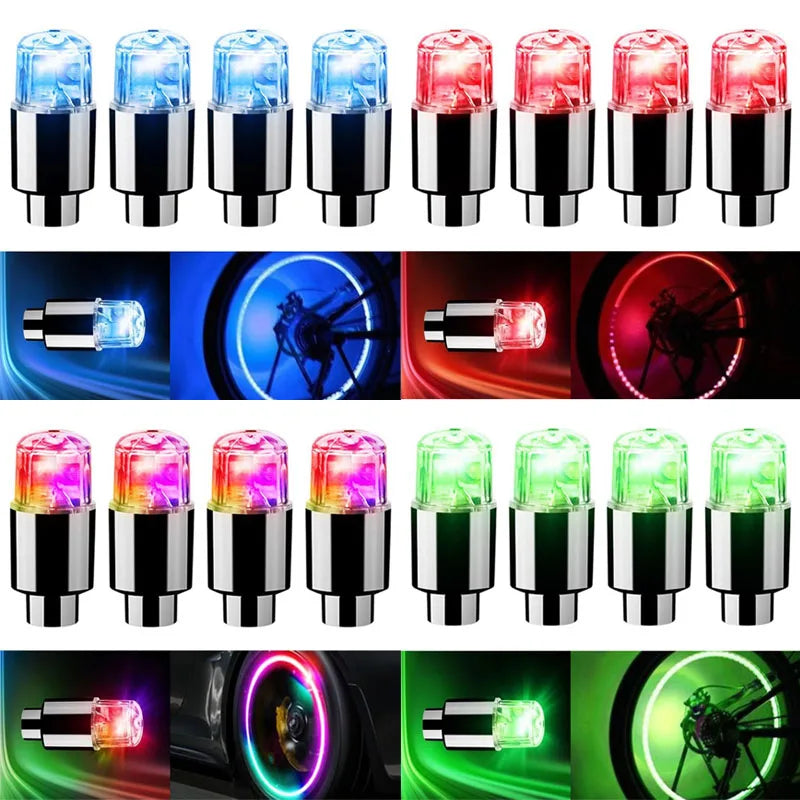 4 Tire Valve Cap Lights Colorful LED Wheel Light For Car Air Valve Caps Neon Light For Motorcycles Bicycles Auto Exterior